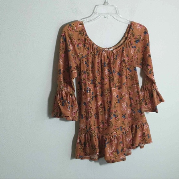 Misia Orange Floral print 3/4 sleeve ruffled off shoulder boho prairie top sz S - Picture 6 of 7